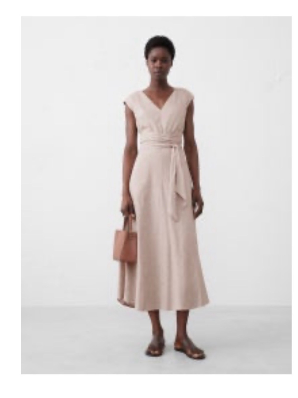 Banana Republic Linen Blend Sleeveless V-Neck Tie Waist Midi Dress flax 4 $150